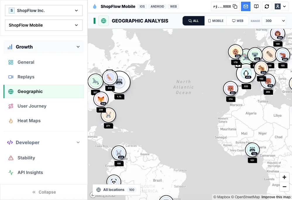 Rejourney geographical growth dashboard showing conversion recovery by region