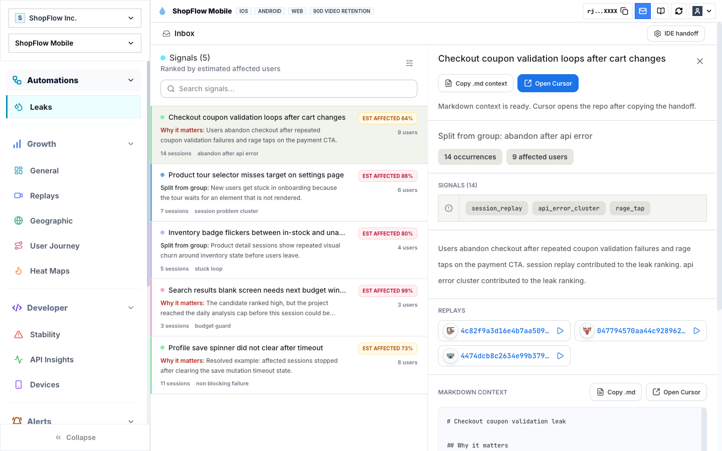 Rejourney dashboard showing active users, session quality, issue context, and product metrics